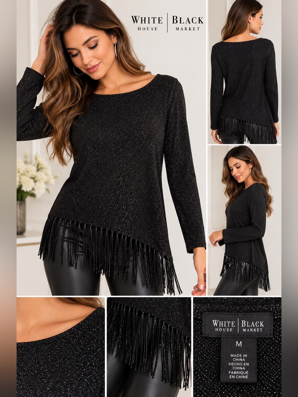 White House Black Market Black Sparkle Fringe Hem Long-Sleeve Top Sz M/L